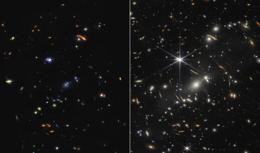Rechts de eerste foto van de James Webb-telescoop, links een vergelijkbare eerdere foto. 'Je kijkt dieper het heelal in dan ooit tevoren', zegt Heino Falcke.
