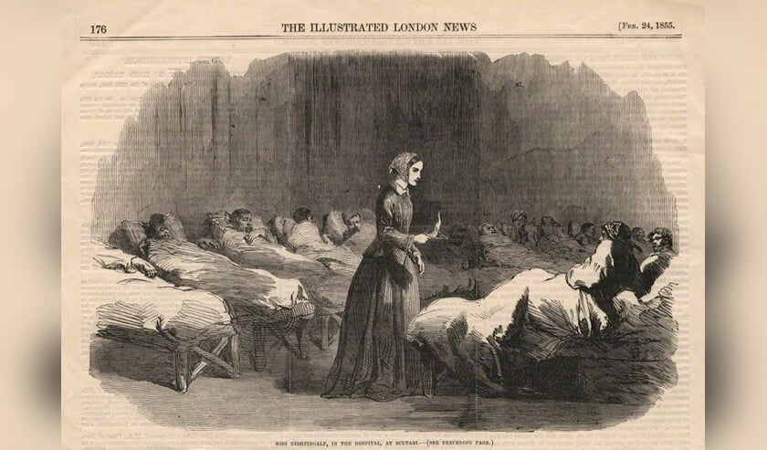 De prent in de krant The Illustrated London News van 24 februari 1855 die van Florence Nighingale een bekendheid zou maken.