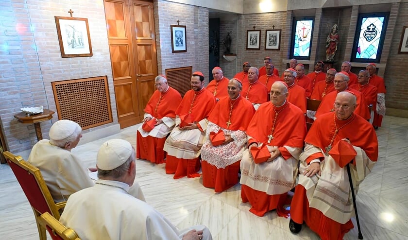 De twintig nieuwe kardinalen brachten vlak na hun kardinaalscreatie samen met paus Franciscus een bezoek aan de 95-jarige emeritus-paus Benedictus XVI die in een klooster in de Vaticaanse tuinen leeft. 