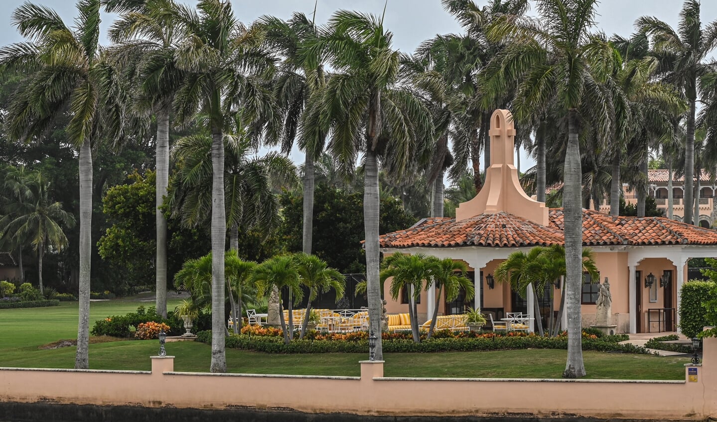 Former US President Donald Trump's residence in Mar-A-Lago, Palm Beach, Florida on August 9, 2022. Former US president Donald Trump said August 8, 2022 that his Mar-A-Lago residence in Florida was being "raided" by FBI agents in what he called an act of "prosecutorial misconduct."