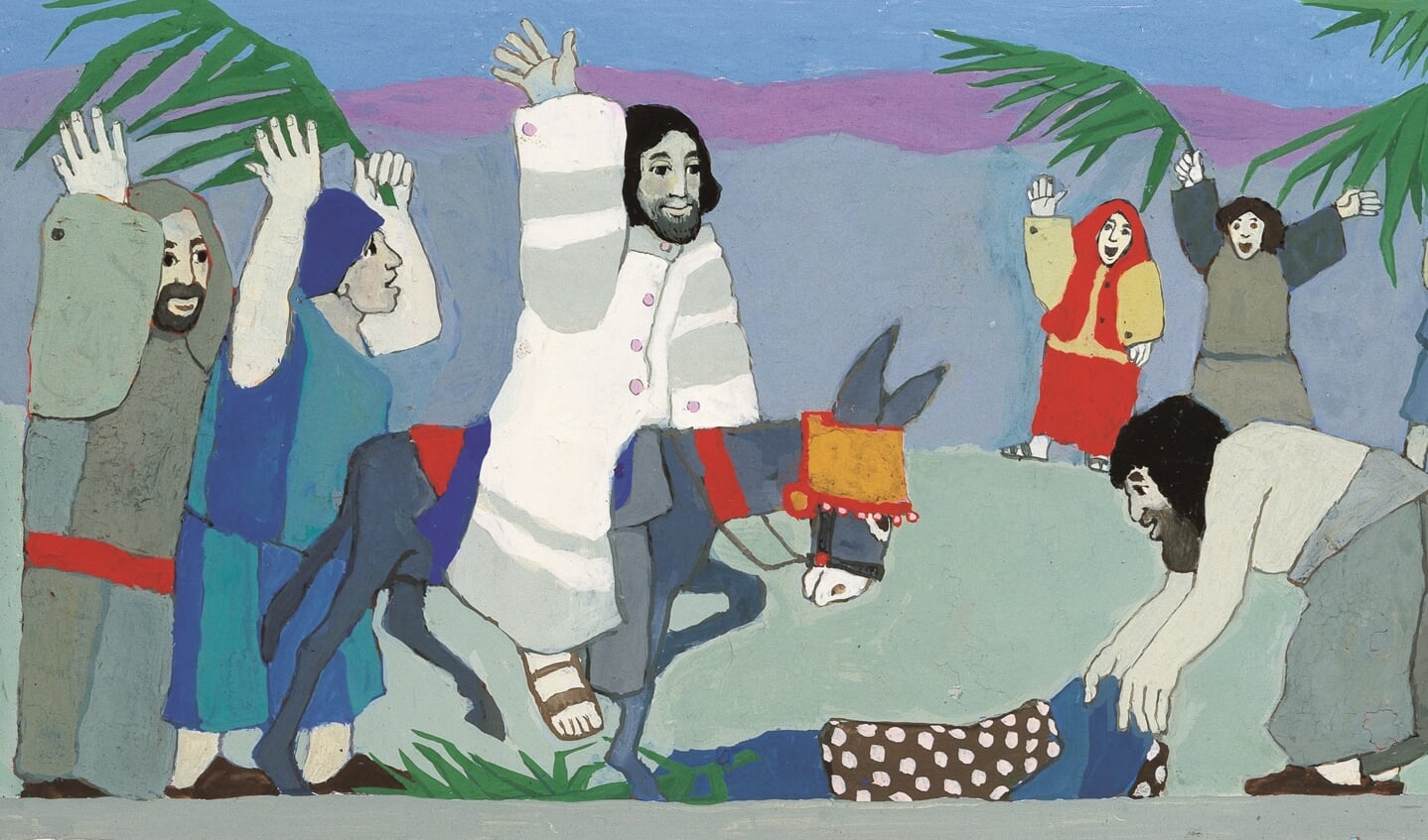 Illustratie van Kees de Kort: ‘Op weg naar het Paasfeest’. Jezus rijdt op een ezel Jeruzalem binnen.