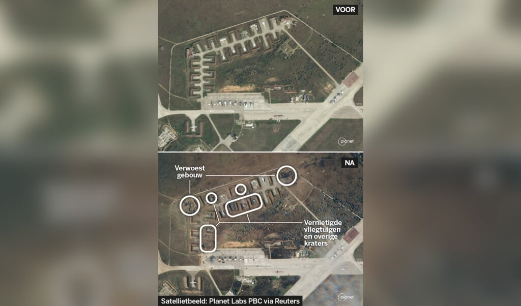 De vliegbasis voor en na de explosies van afgelopen dinsdag.
  (beeld Planet Labs PBC via Reuters / Volkskrant.)