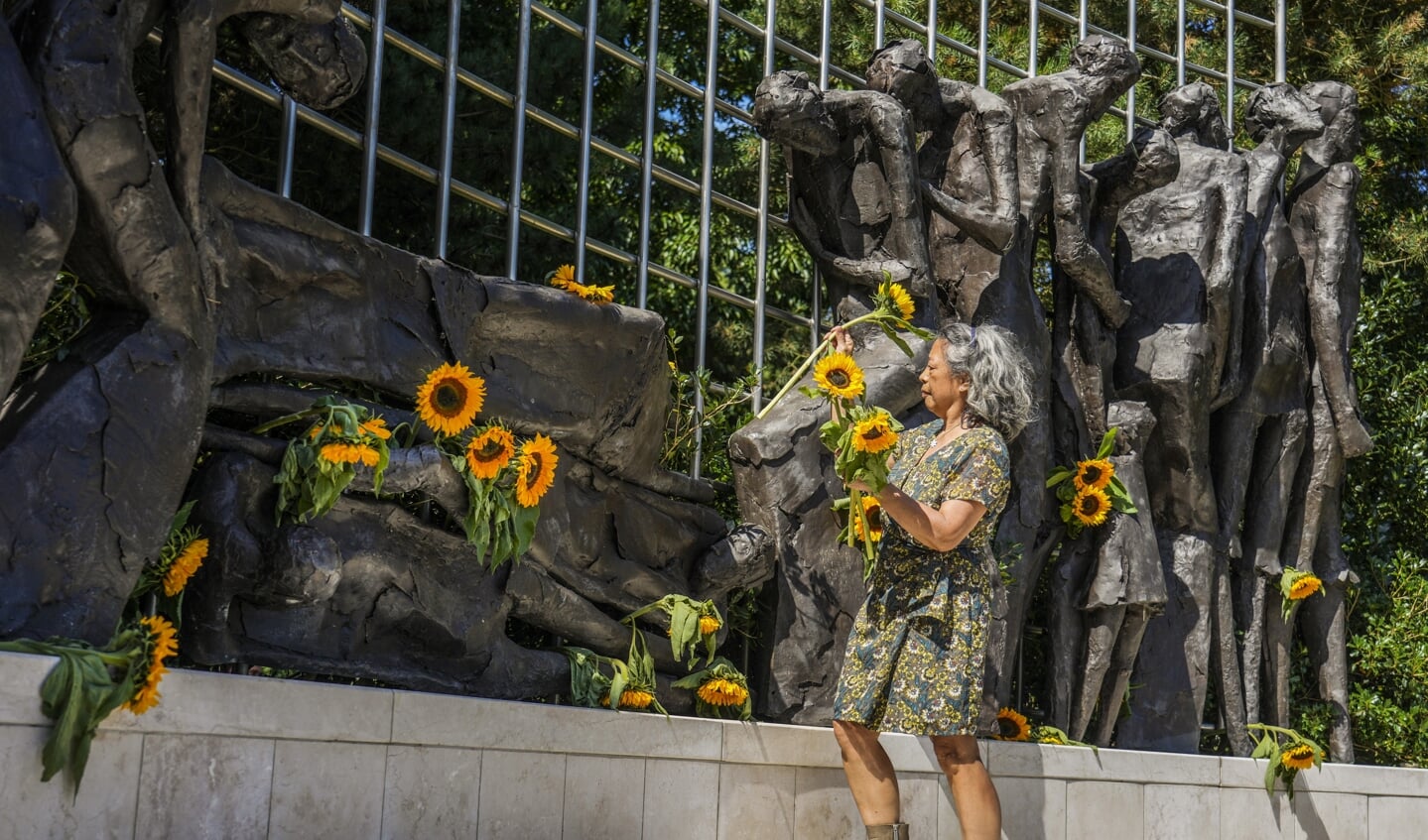 Een genodigde legt zonnebloemen bij het Indisch Monument tijdens de Nationale Herdenking van het einde van de Tweede Wereldoorlog in voormalig Nederlands-Indië (15 augustus).