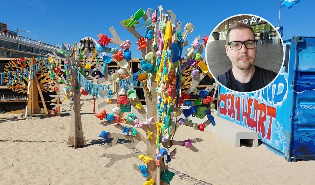 Collage van achtergelaten strandspeelgoed op de route van Alexander Dommerholt.