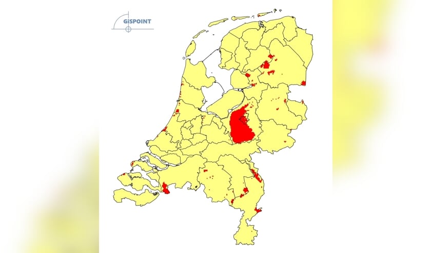 De gele gebieden reduceren stikstof met 30, de rode met 65 procent. 