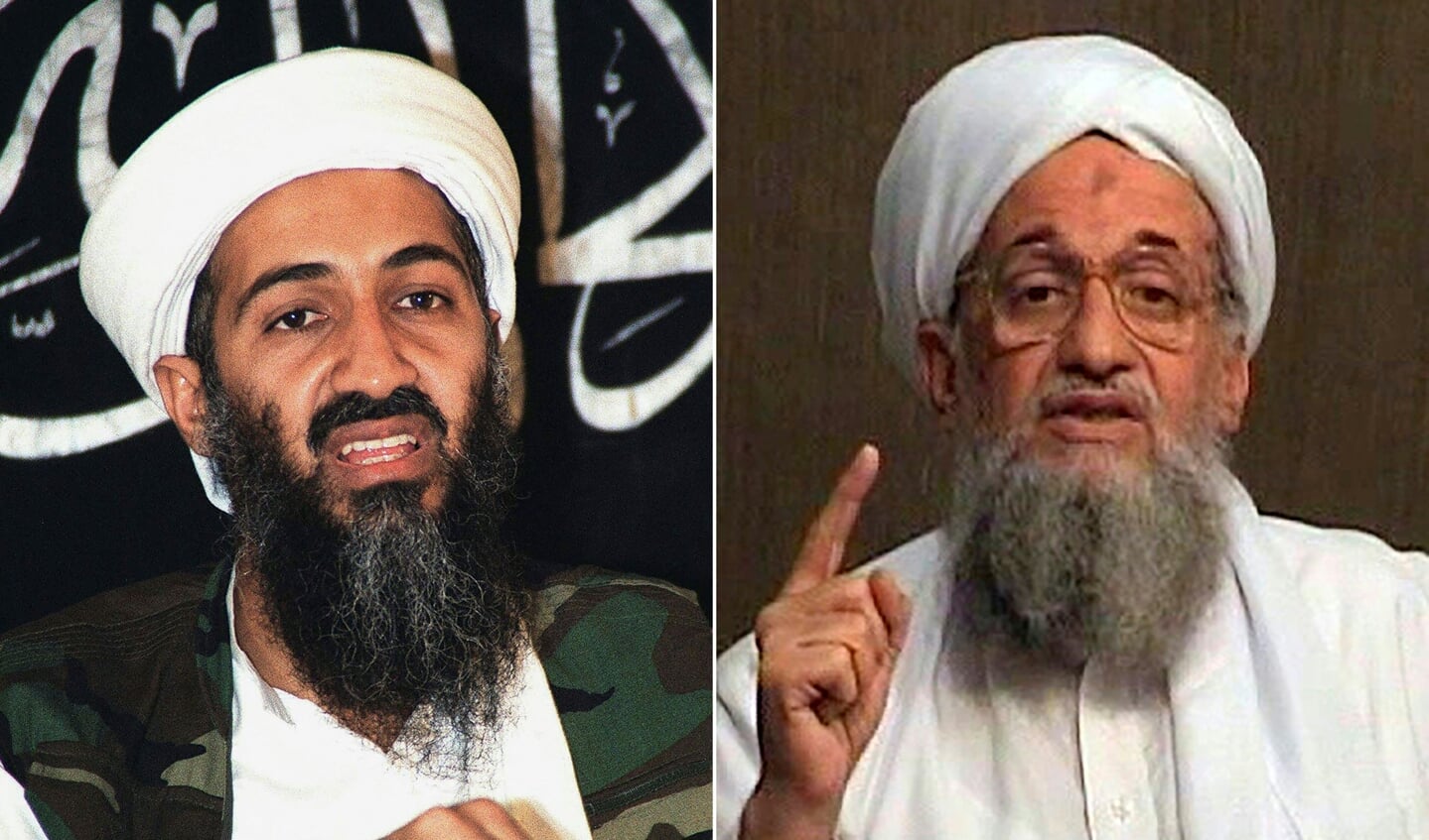 De rechterfoto is een still van een video waarin Ayman al-Zawahiri de gedode Al Qaida-leider Osama bin Laden (links) eert.