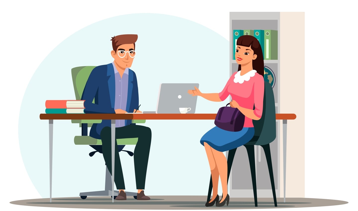 People work office scene. Manager recruiter interviews candidate. Man and woman sitting at table and talking. Recruitment, job interview, resumes, professional meeting. Vector character illustration