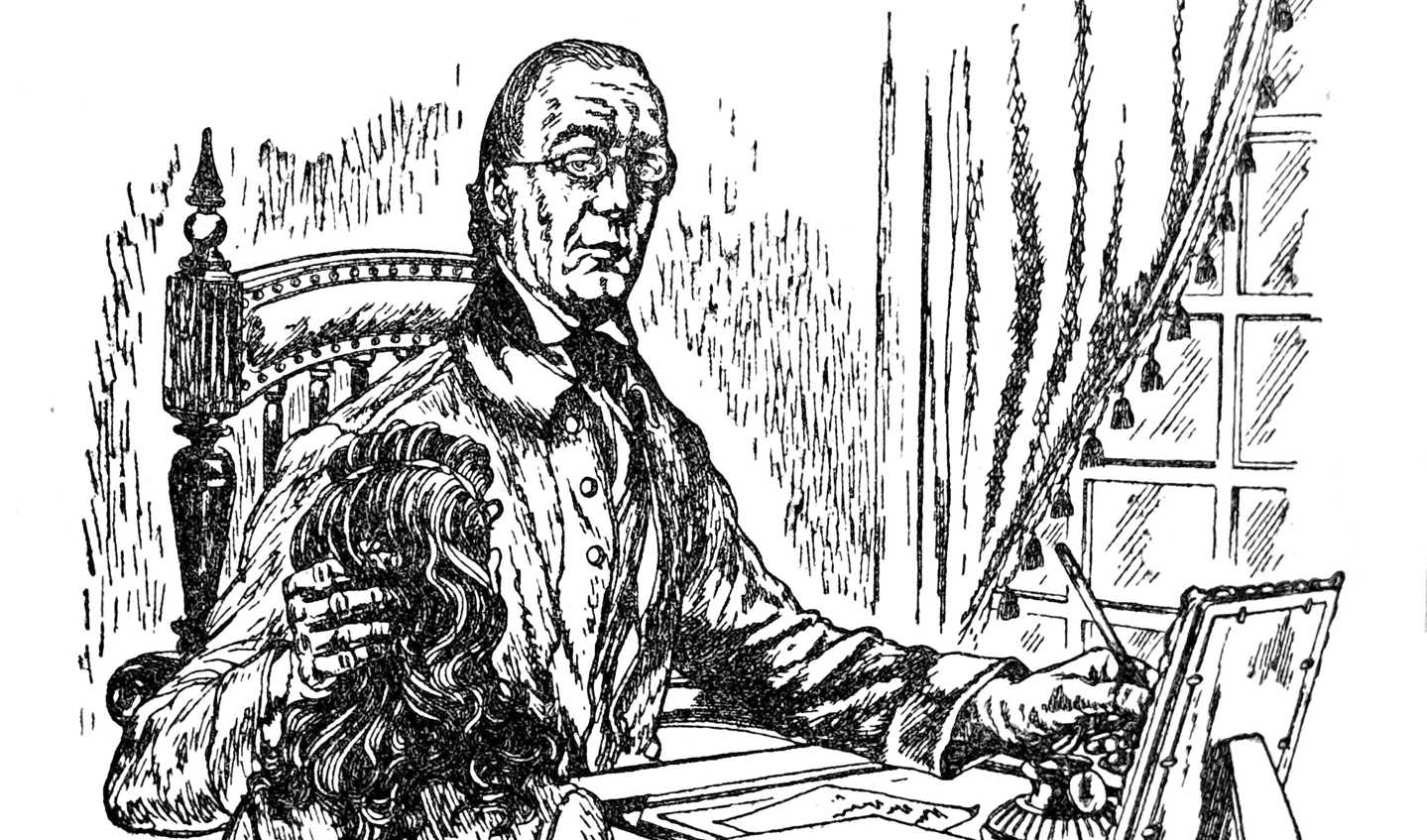 Hein Scholte met een dochtertje. Tekening Willem Dupont in P.J. Risseeuw, Landverhuizers deel 3, Ik worstel en ontkom.