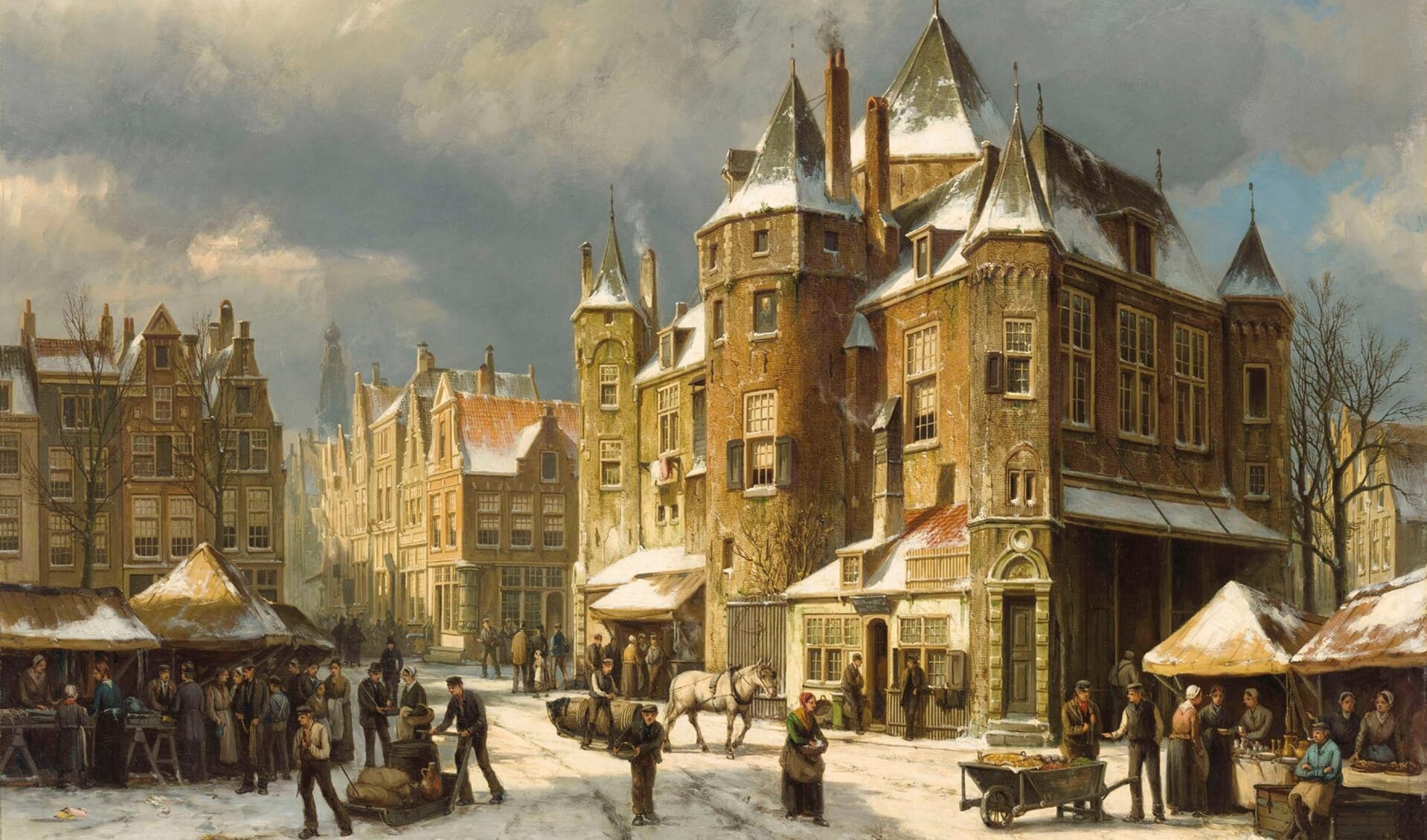 De Nieuwmarkt in Amsterdam in de winter. Schilderij van Willem Koekkoek (1839-1895).
