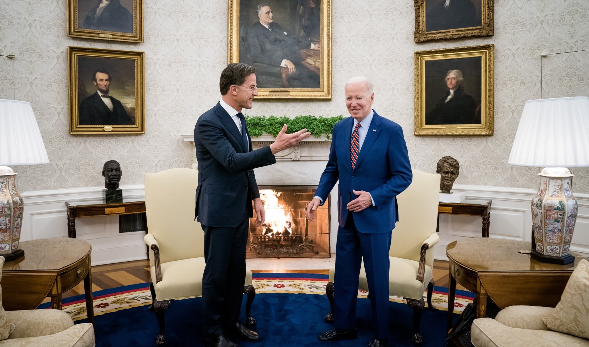 Premier Mark Rutte tijdens zijn ontmoeting met de Amerikaanse president Joe Biden, in het Witte Huis. 