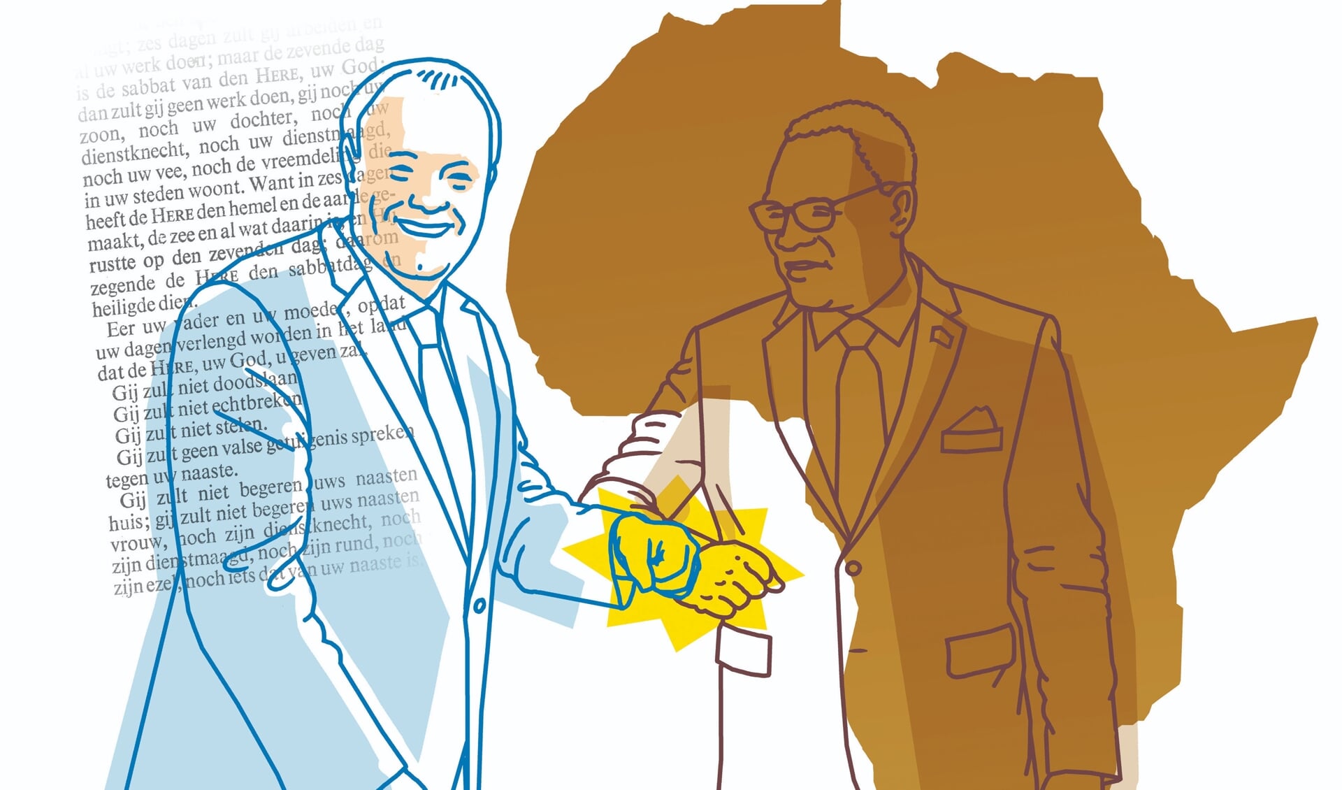 Deze tekening is gemaakt op basis van een foto van Henk-Jan van Schothorst (links) met president Lazarus Chakwera van Malawi.