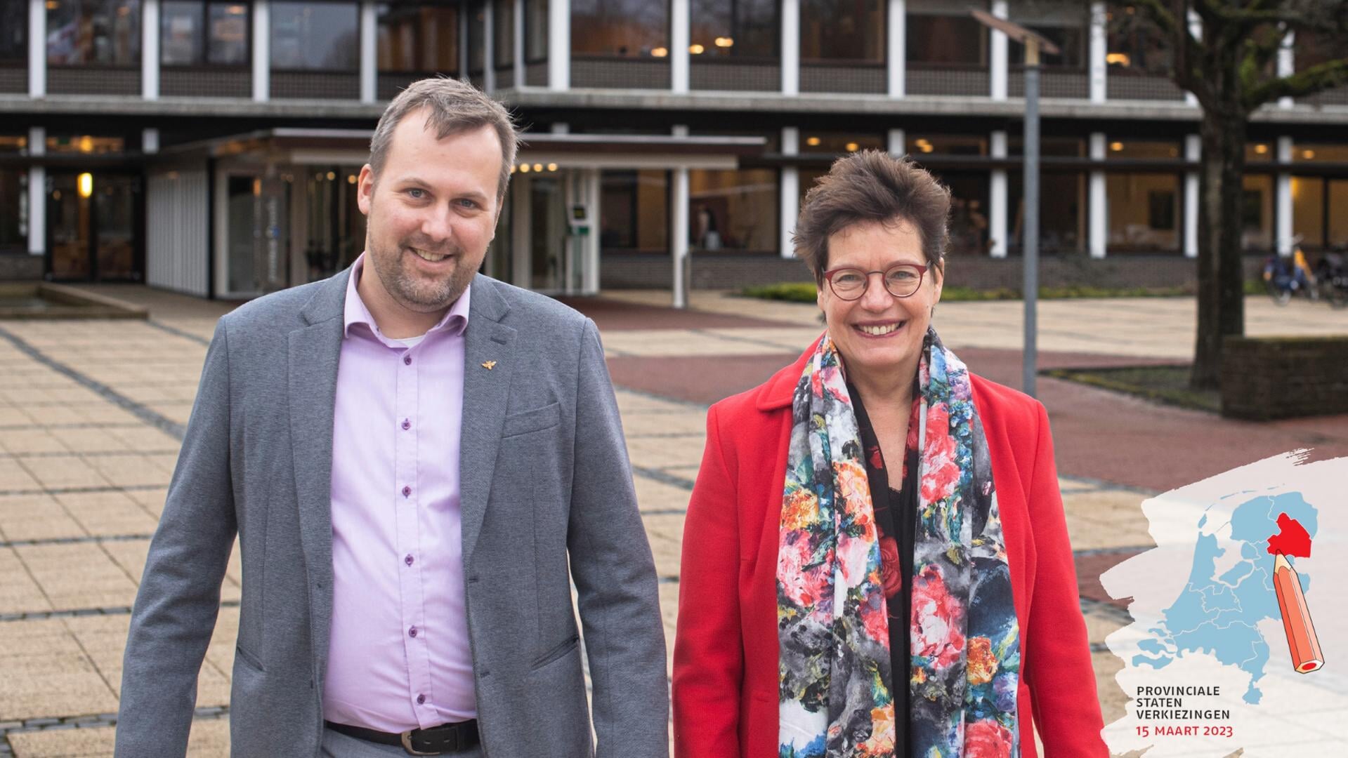 Thomas Blinde (JA21) en Yvonne Turenhout (PvdA) bij het Drentse provinciehuis.