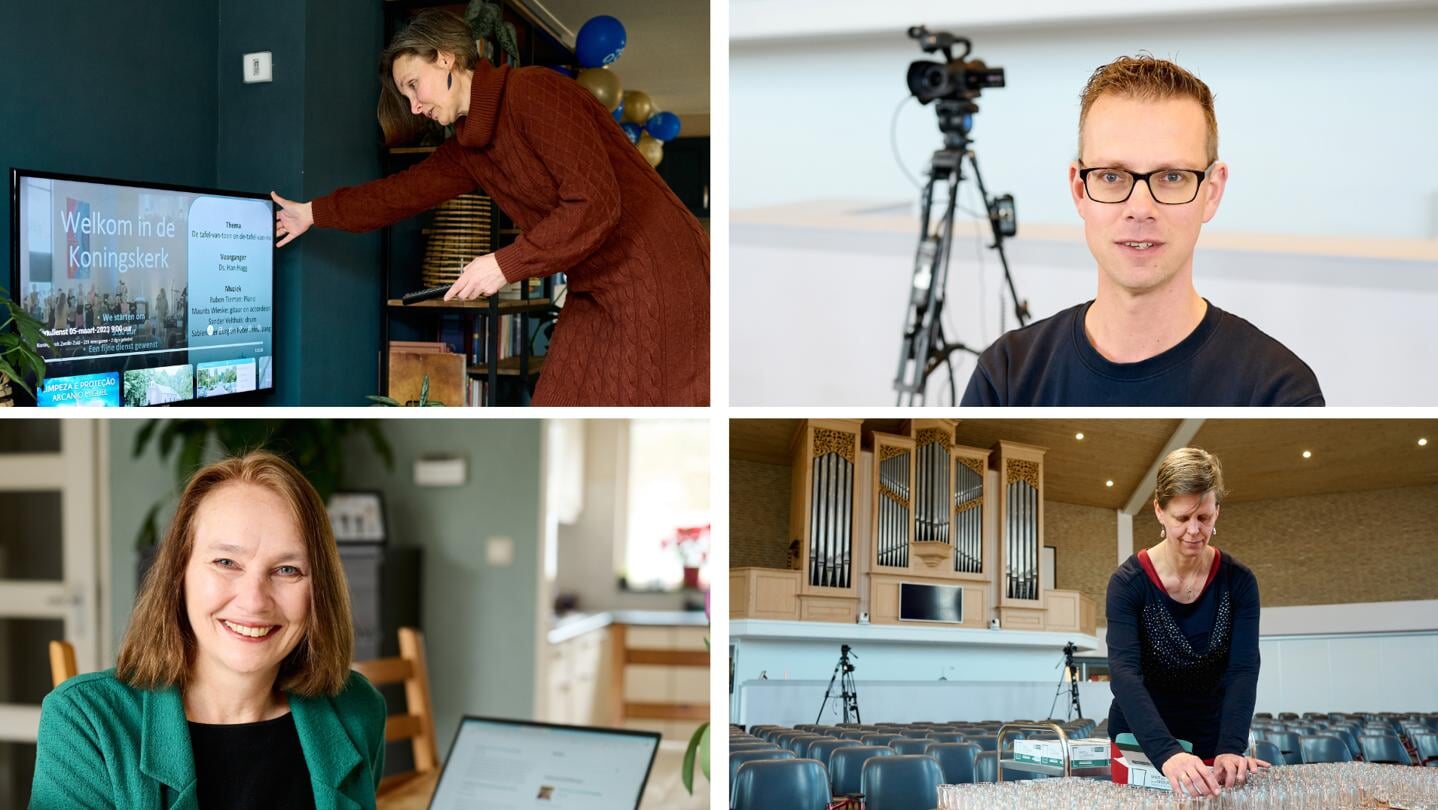 Van links naar rechts, boven naar beneden: Anita Wijma, Jurjen Kuurstra, scriba Anki van Bruggen en koster Maaike de Vries. Ze delen hun ervaringen binnen de Koningskerk in Zwolle.