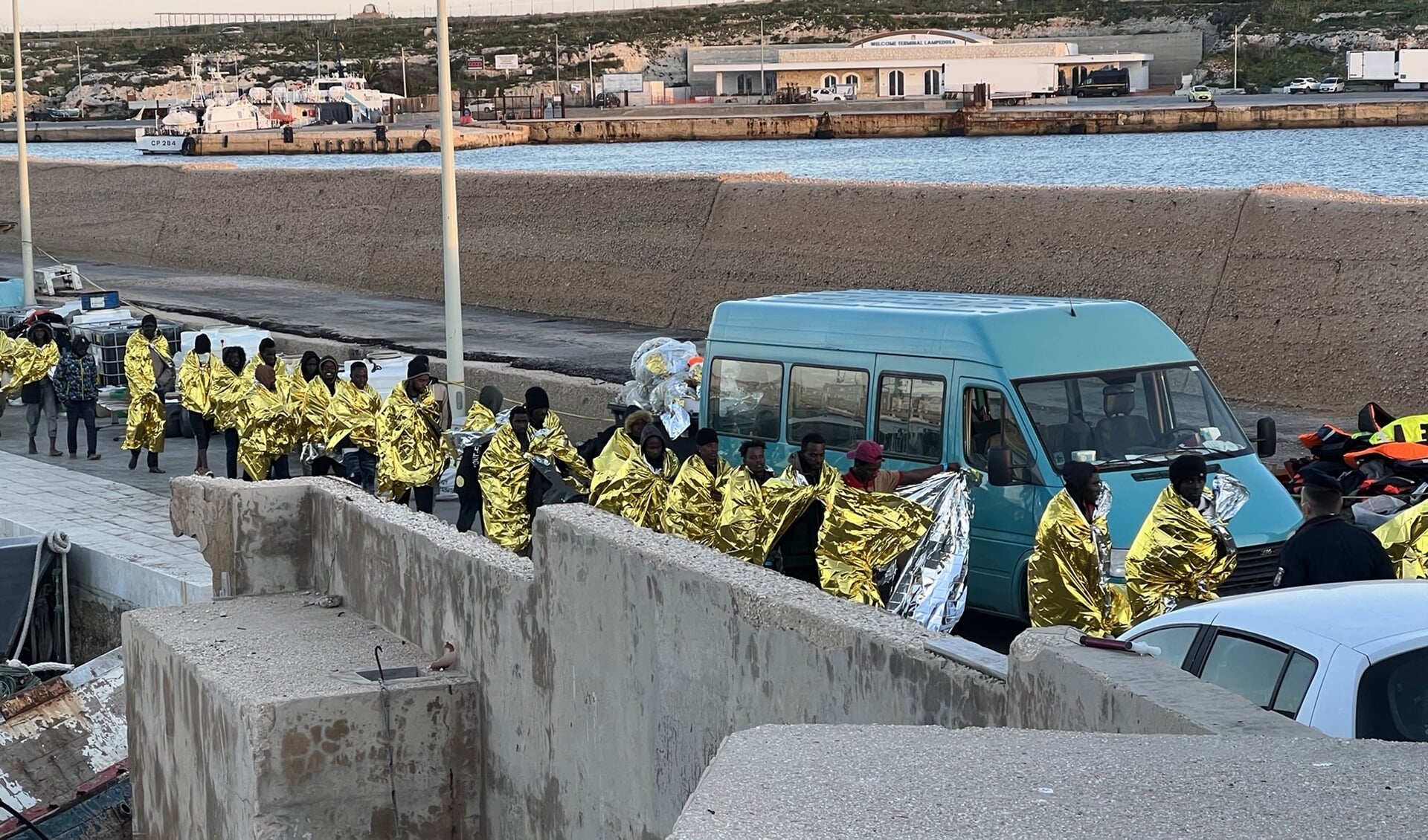 Aankomst van een groep van ongeveer tweehonderd migranten op Lampedusa, eerder deze maand.