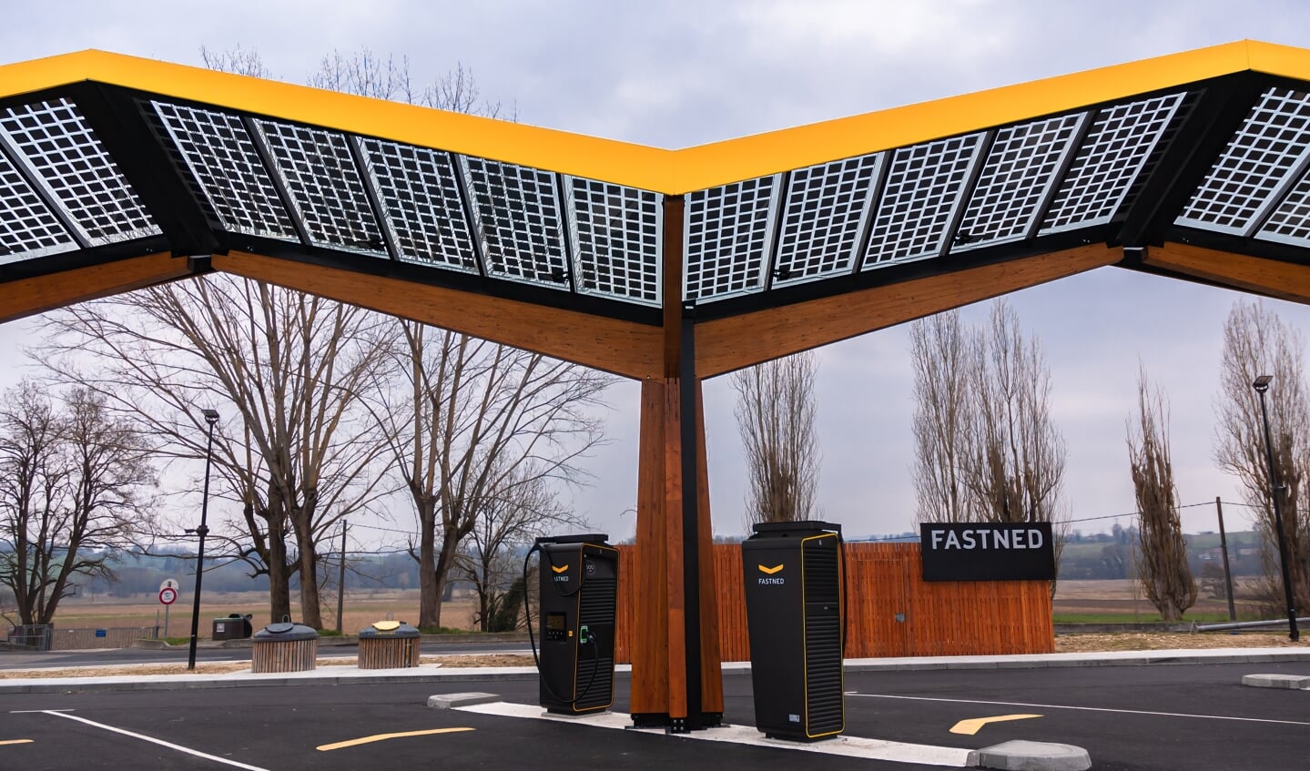 Electro charging station of Fastned company at  Aire de Romagnieu.