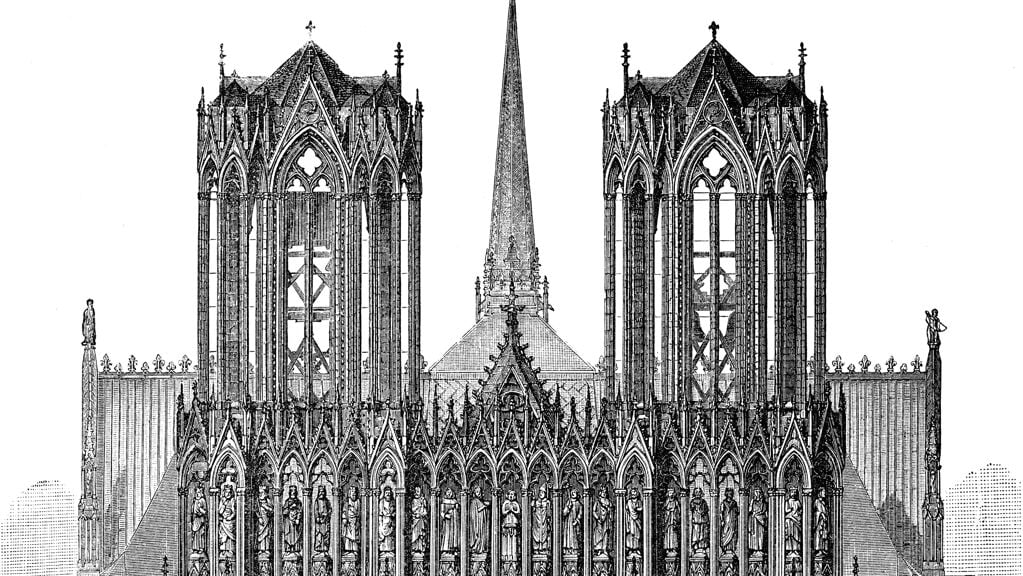 De kathedraal Notre-Dame van Reims vóór de restauratie van Lassus en Viollet-le-Duc; twaalfde en dertiende eeuw. Negentiende-eeuwse gravure door Veuillot, 1881.