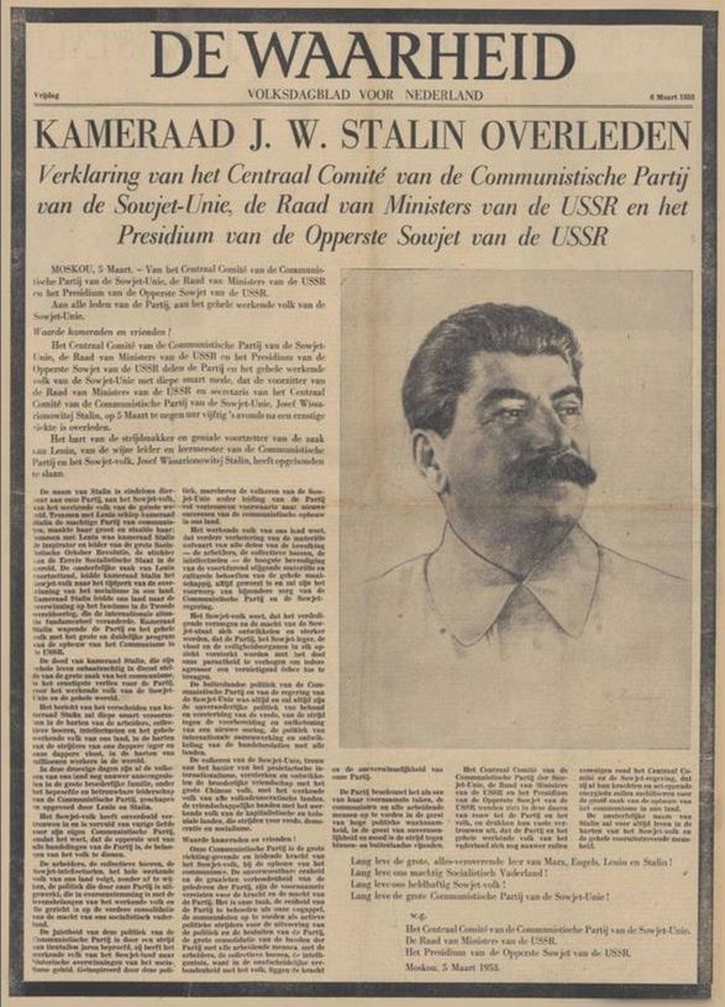 De voorpagina van het communistische dagblad De Waarheid meldt in een zwart omrand bericht de dood van Stalin.