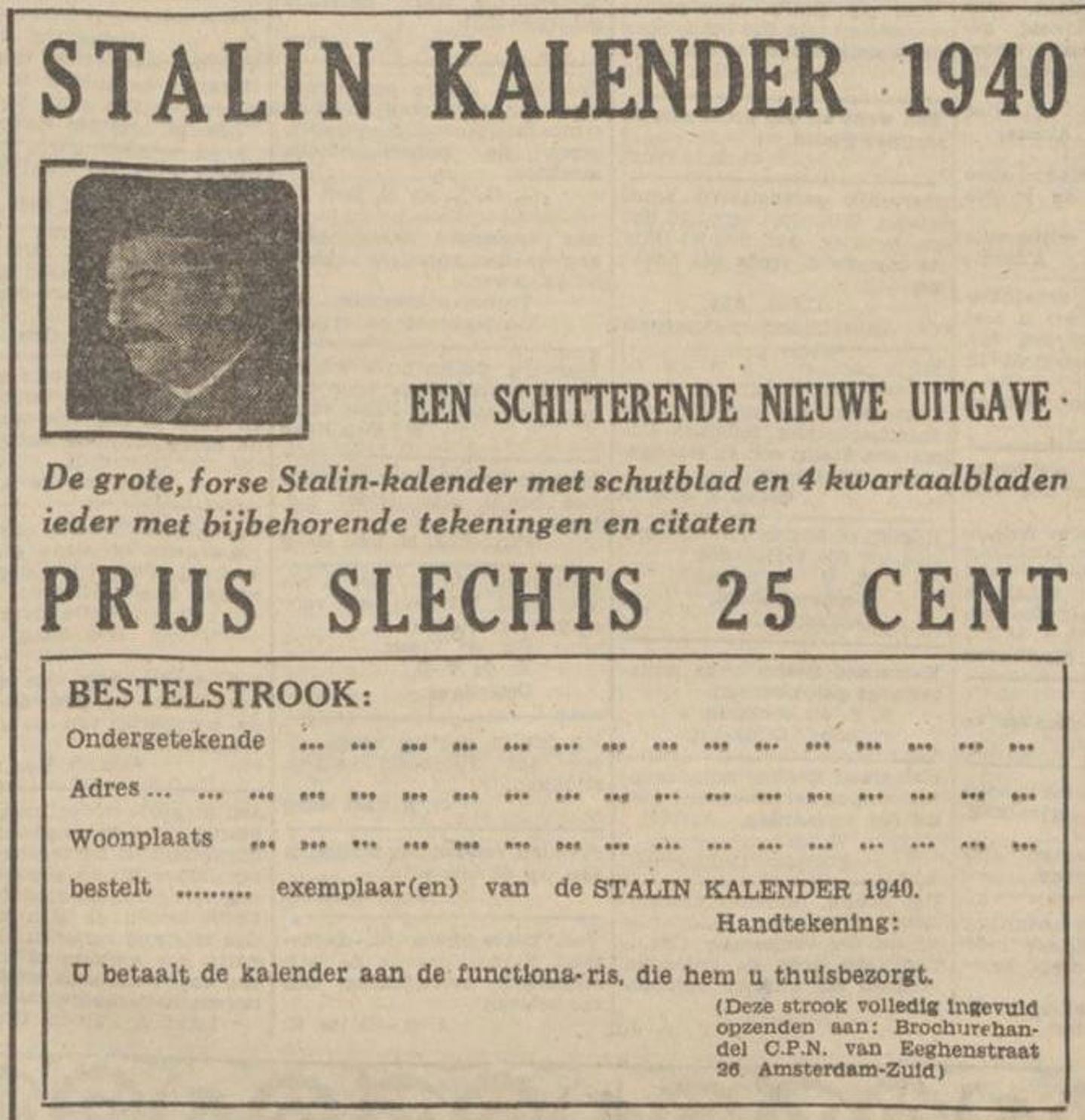 'Prijs slechts 25 cent': advertentie voor de Stalin kalender 1940