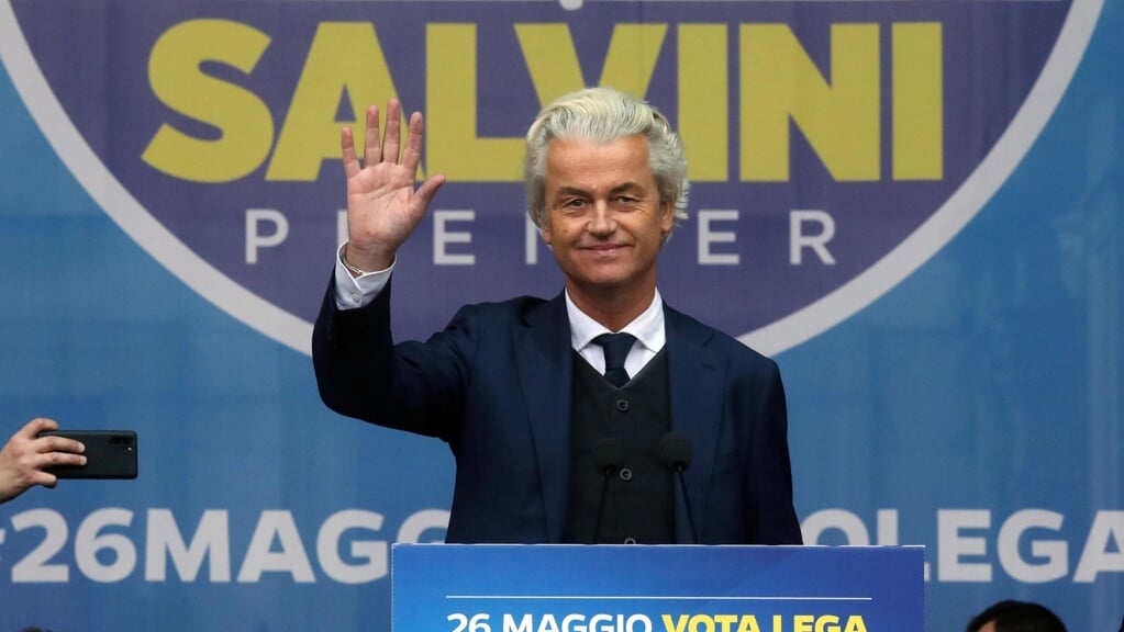 PVV-leider Geert Wilders in Milaan tijdens de vorige campagne voor het Europees Parlement. Die verkiezingen (2019) liepen uit op een dieptepunt voor zijn partij: 3,5 procent van de stemmen, nul PVV-zetels in Europa.