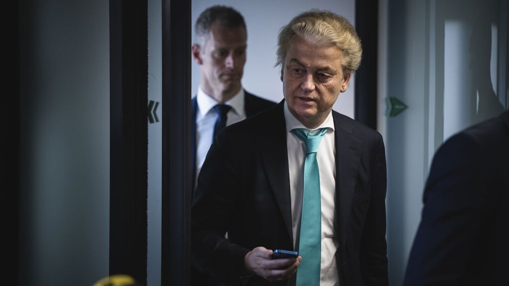 PVV-leider Geert Wilders dinsdag na afloop van de gesprekken van de vier formerende partijen met de informateurs Dijkgraaf en Van Zwol.