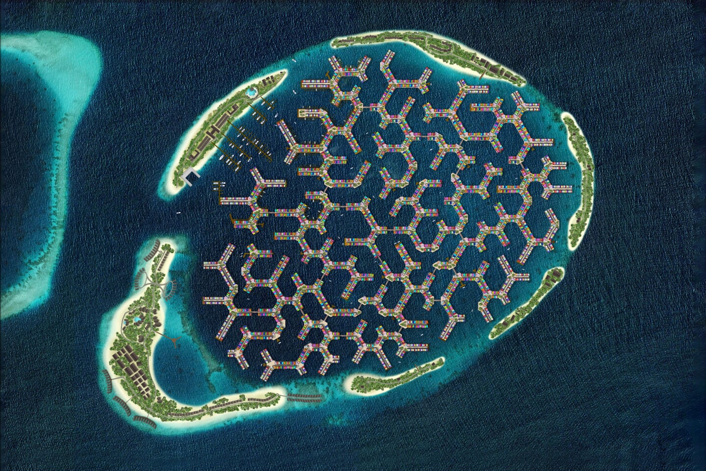 De eerste drijvende stad: in een lagune op de Malediven worden vijfduizend woningen gebouwd op drijvende platforms.