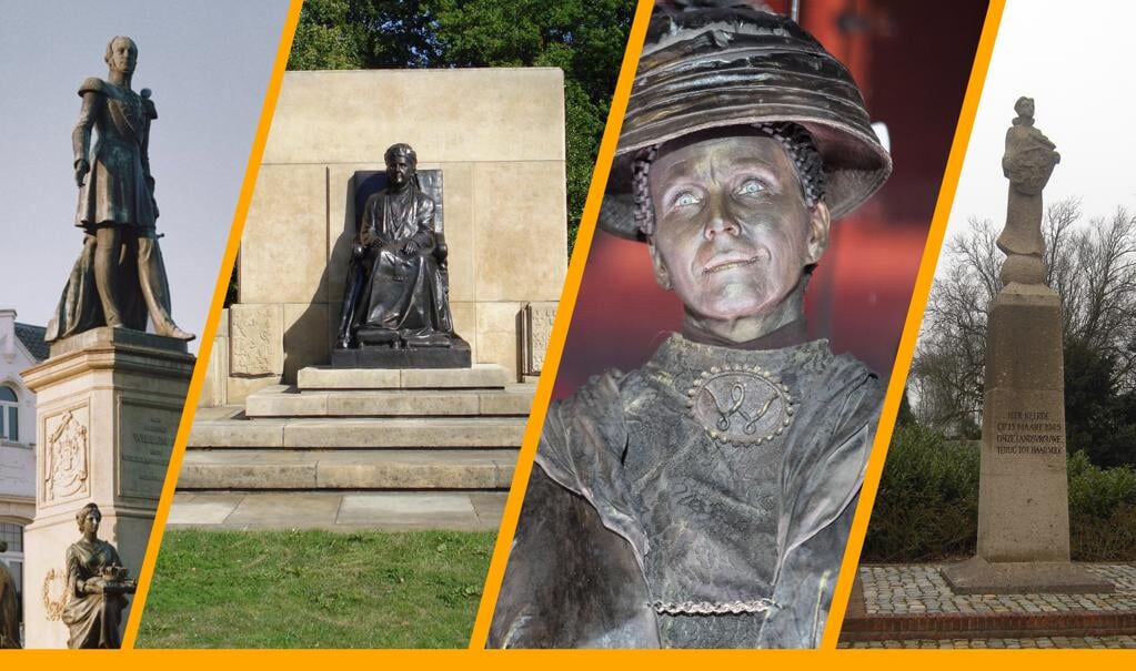 Van links naar rechts: Koning Willem II op de Heuvel in Tilburg, monument voor koningin Emma in Den Haag, een levend standbeeld van Wilhelmina en een monument voor koningin Wilhelmina in Eede.  