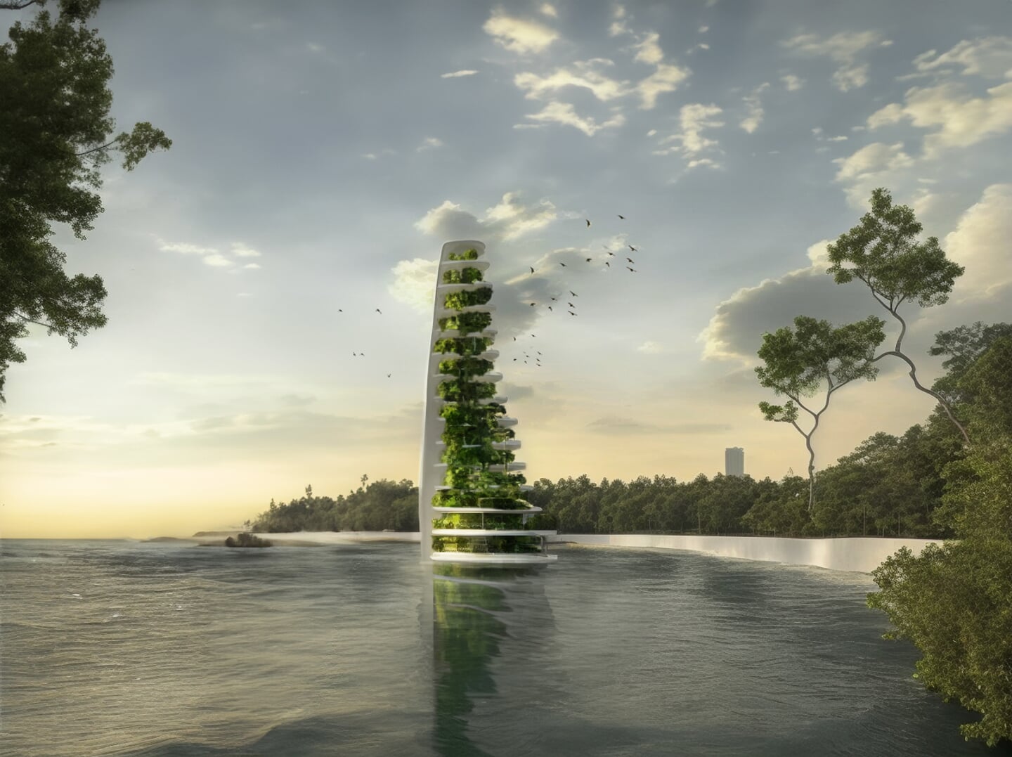 Een 'sea tree': van oude windturbine vleugels wordt een drijvende toren gemaakt die vol staat met groen, zodat het bijen en vogels aantrekt. 
