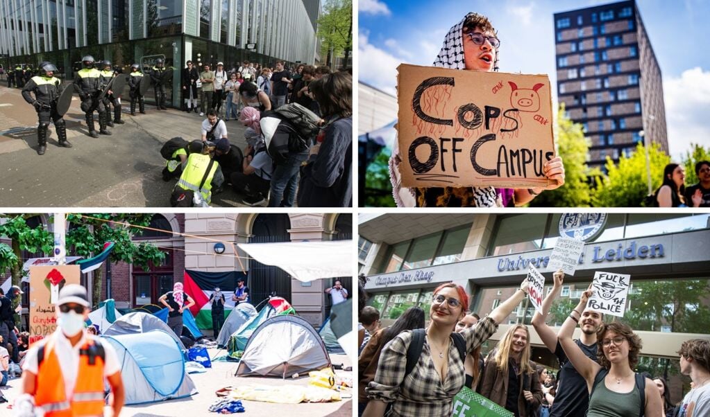 Protesten maandag in Amsterdam (linksboven), Rotterdam (rechtsboven), Groningen (linksonder) en op de Haagse campus van Universiteit Leiden.