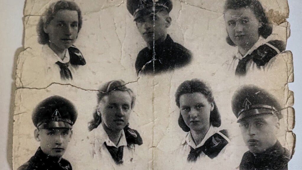 Fotocollage uit de oorlog van zeven broers en zussen Blom in uniform van WA en Jeugdstorm.