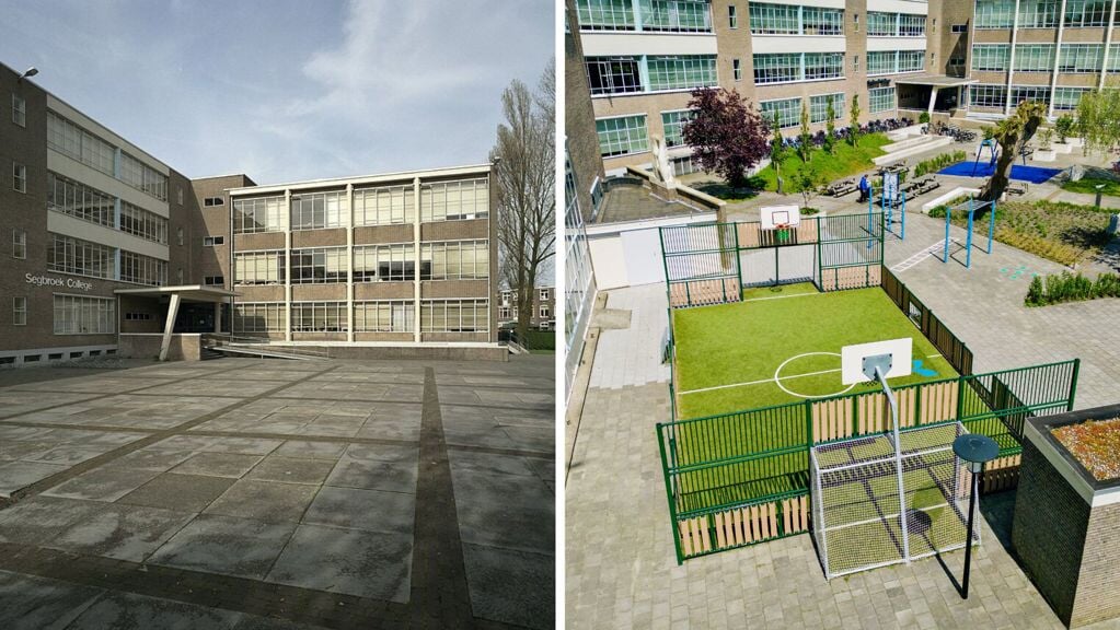 Op het Segbroek College in Den Haag, waar Antoin Hoovers docent is, werd het kale schoolplein (links) op de locatie Goudsbloemlaan omgetoverd tot een groene beweegplek, met onder andere fitnesstoestellen en een voetbal- en basketbalkooi (rechts). De mandschommels zijn een groot succes.