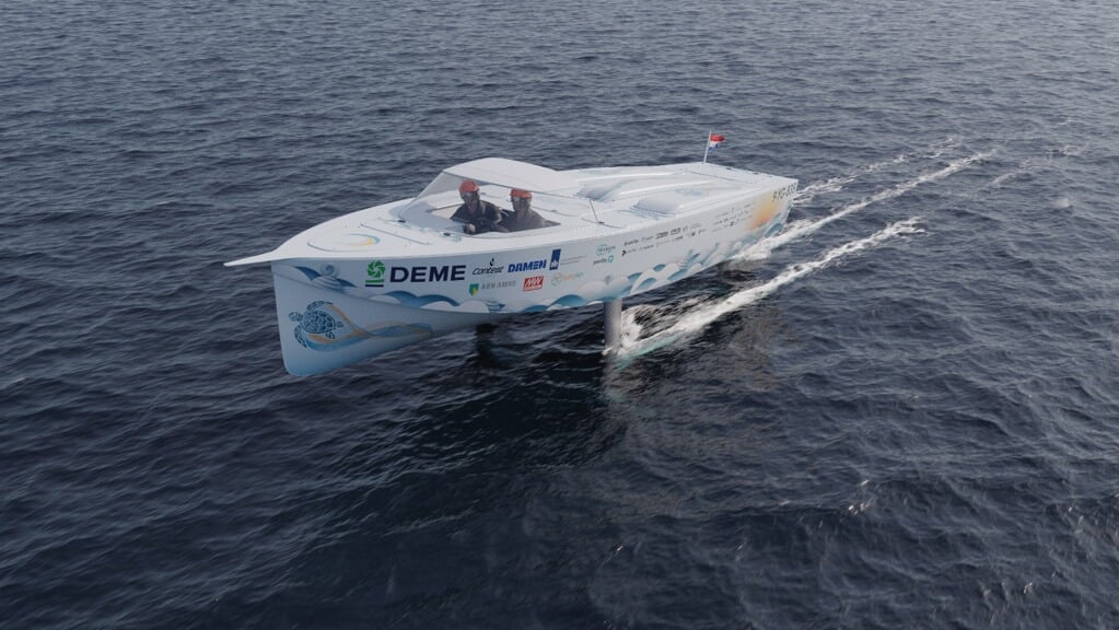 Een digitale simulatie van hoe de waterstofboot straks over de Noordzee zal varen. 