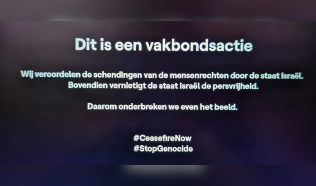 Het statement dat door de vakbond van de Belgische omroep VRT getoond werd bij de tweede halve finale van het Eurovisie Songfestival.
