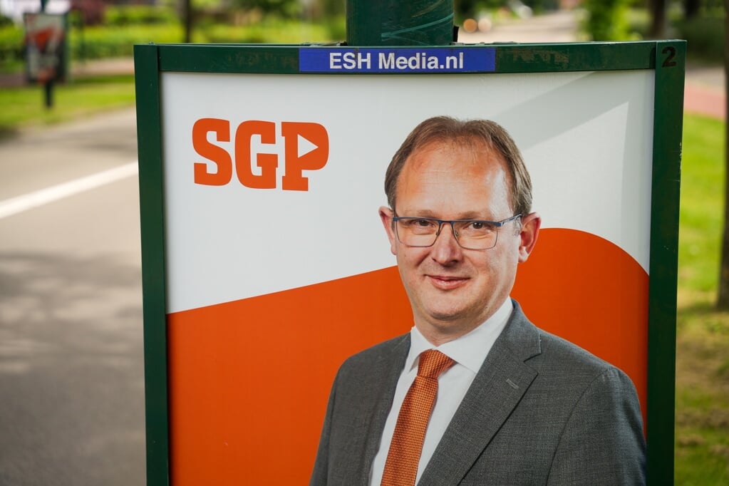 Bert-Jan Ruissen op een verkiezingsposter van de SGP in Bunschoten.