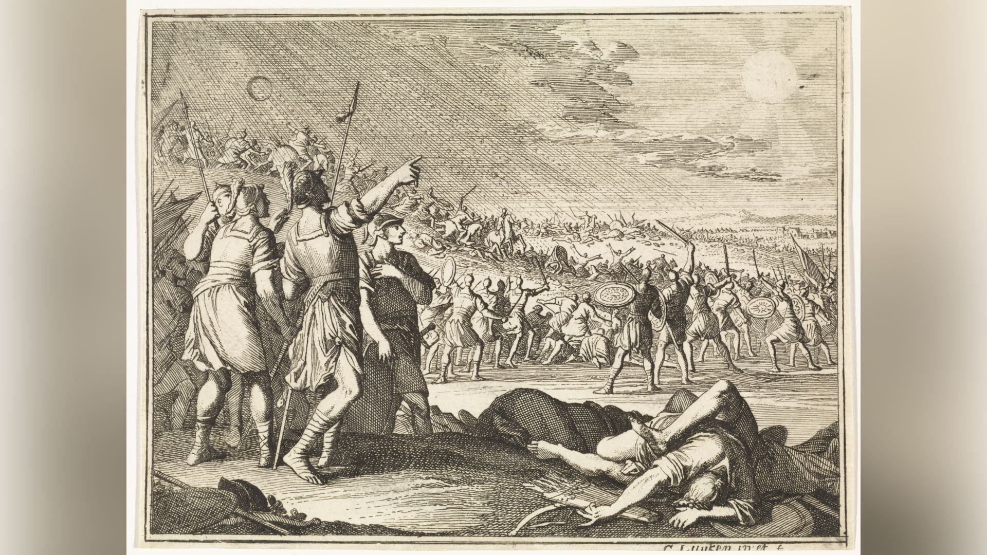 Jozua beveelt de zon om stil te staan boven Gibeon. Prent van Casper Luyken uit 1712