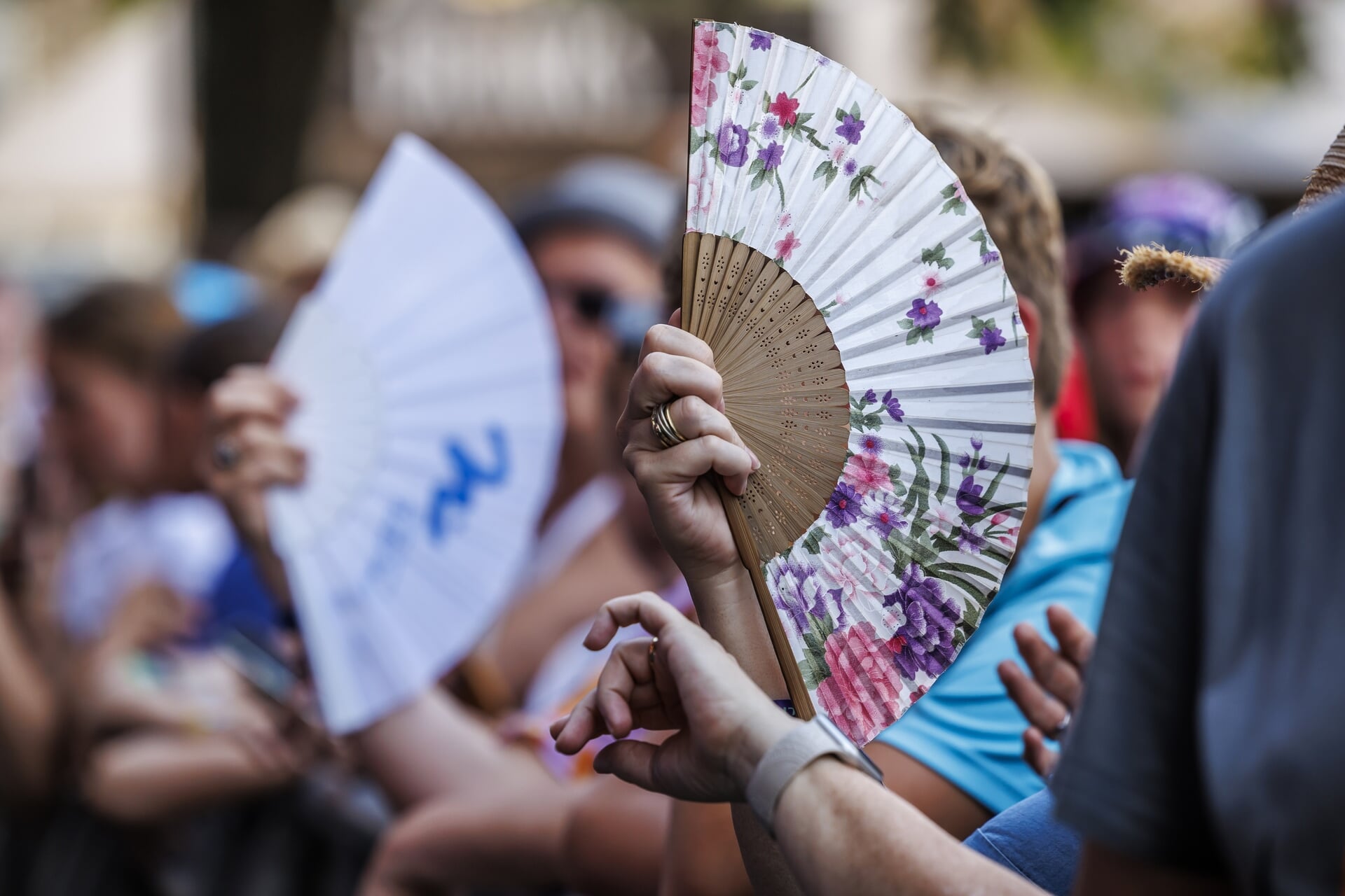 Bij Festival ParkCity Live in Heerlen hebben een aantal bezoekers waaiers tegen de warmte van de hittegolf.