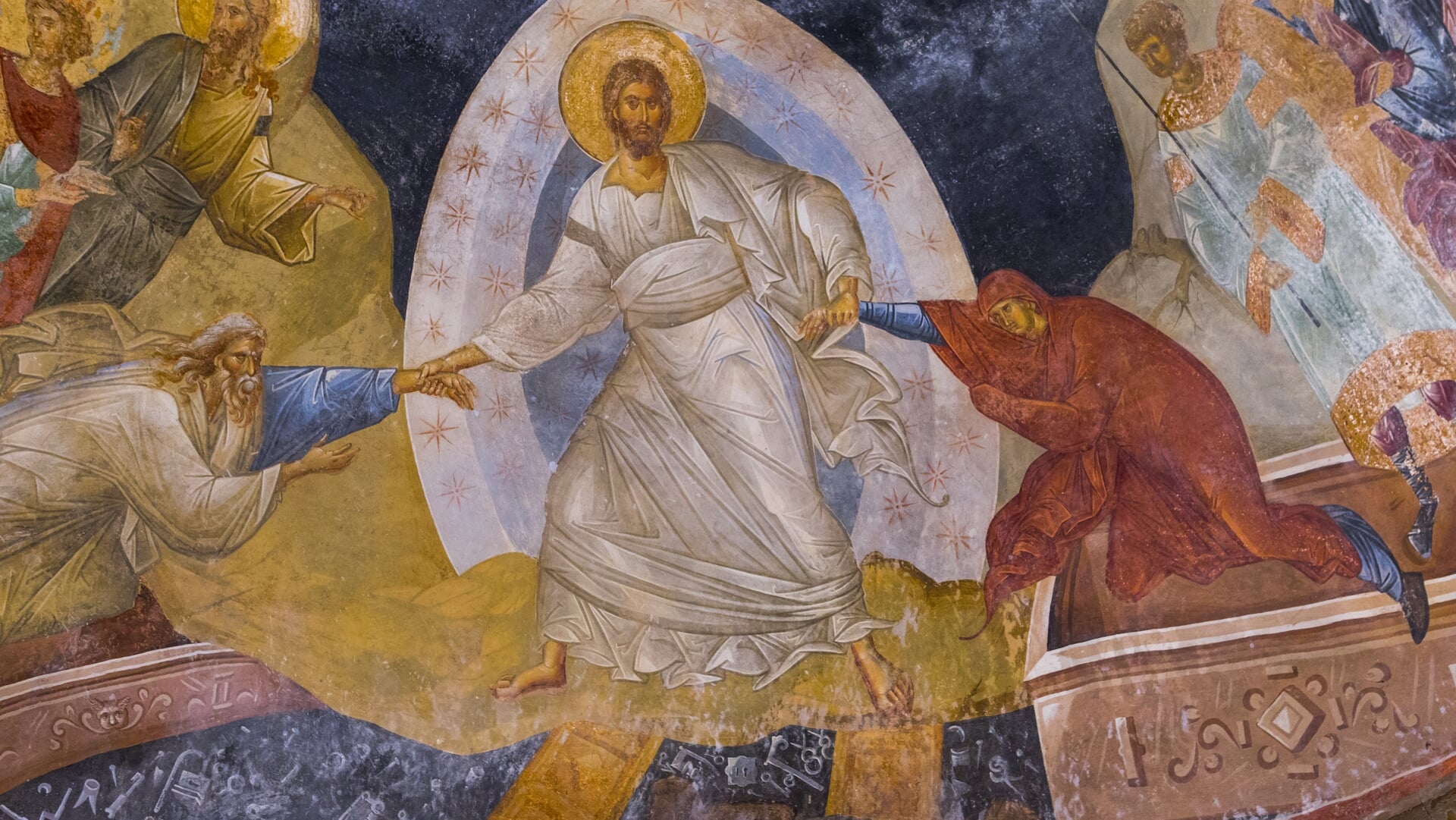 Fresco van de opstanding in de Chorakerk in Istanboel, die in 2020 in gebruik werd genomen als moskee. Christus trekt Adam en Eva aan hun pols uit het graf, het symbool van de verlossing van de mens.