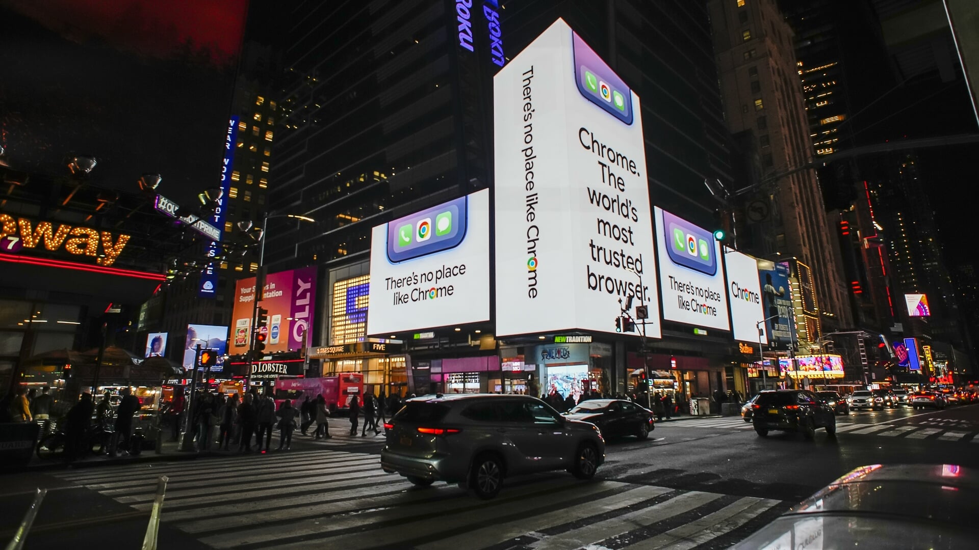 Reclame voor Google Chrome in New York. Het moederbedrijf heeft op twee markten een monopolie, en dat is te veel, vindt de rechter.