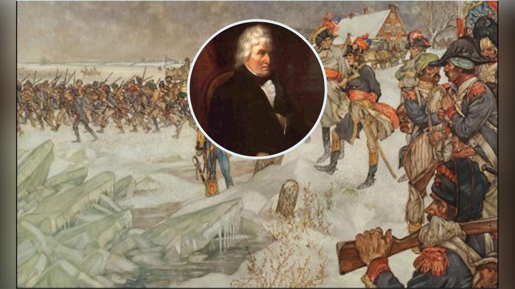 Franse troepen trekken in januari 1795 de Lek over. Schoolplaat van J.H. Isings. Inzet: Pieter Vreede.