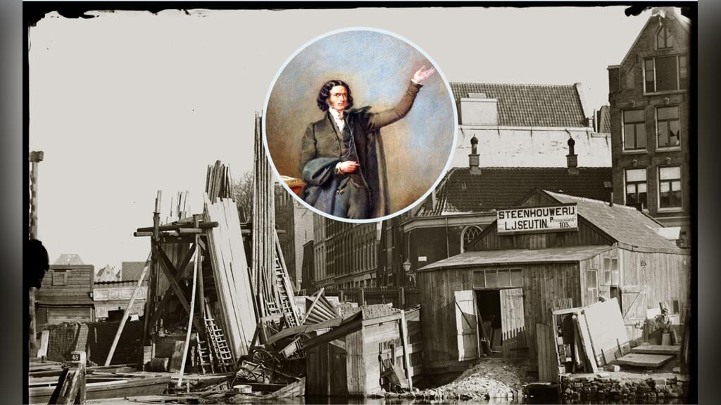 Links achter de steenhouwerij bevond zich het apostolisch kerkje van Schwartz. Foto van Jacob Olie uit 1893. Inzet: Edward Irving.