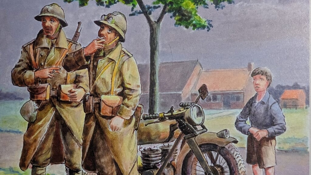 Twee Franse militairen en een jongen kijken langs de weg van Vlissingen naar Koudekerke naar een vliegtuig dat laag overvliegt. Acryltekening van Cees van der Burght (1931-2015).