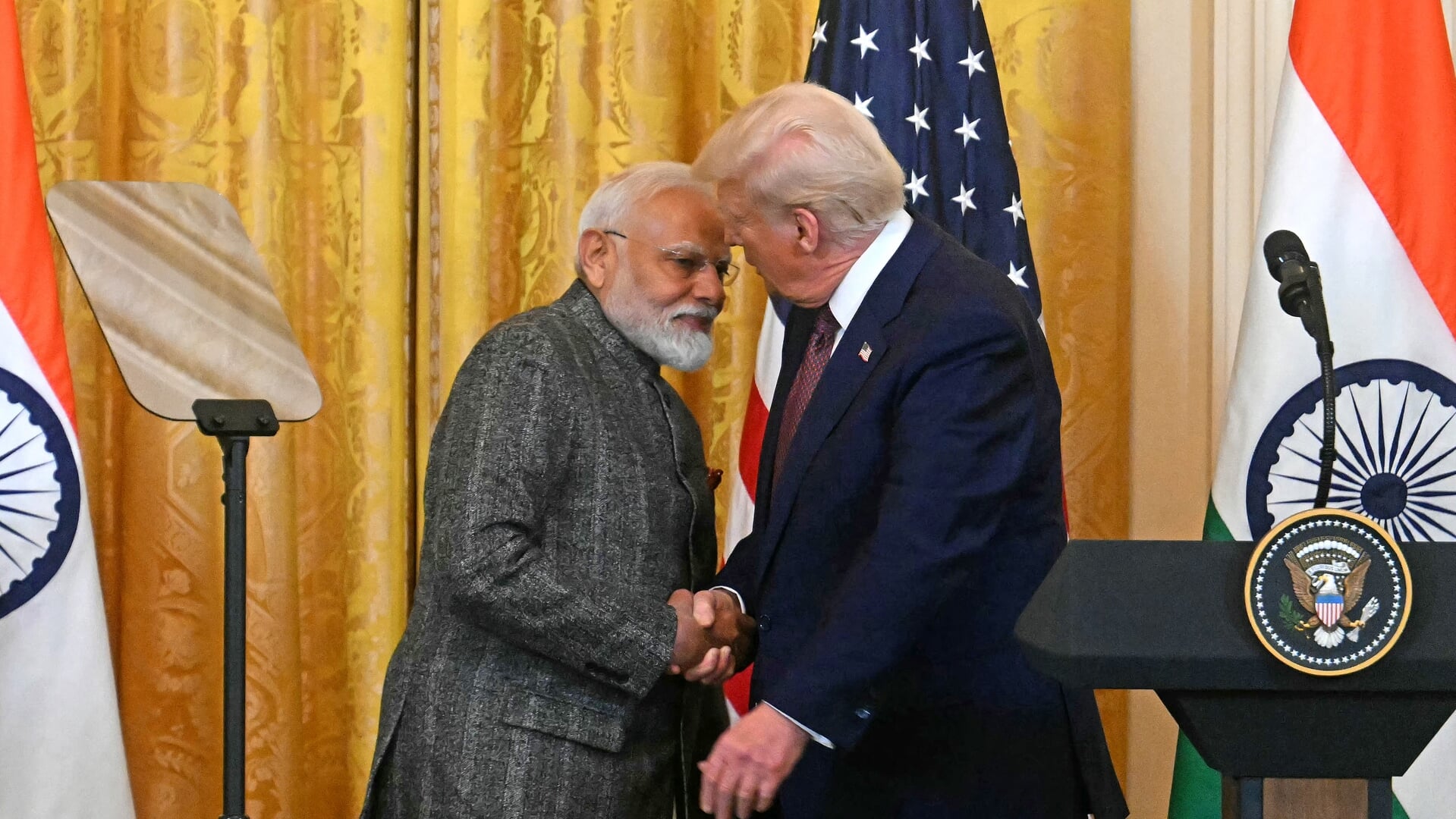 De Amerikaanse president Donald Trump en de Indiase premier Narendra Modi op een persconferentie in februari.
