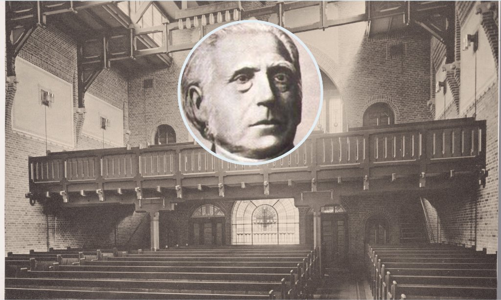 Interieur van de Hersteld Apostolische Zendingsgemeente in de Eenheid der Apostelen, waar de Amsterdamse volgelingen van de apostelen Schwartz, Kofman en Van Oosbree samenkwamen.