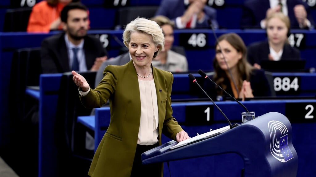 Commissievoorzitter Ursula von der Leyen tijdens haar rede woensdag in het Europees Parlement in Straatsburg.