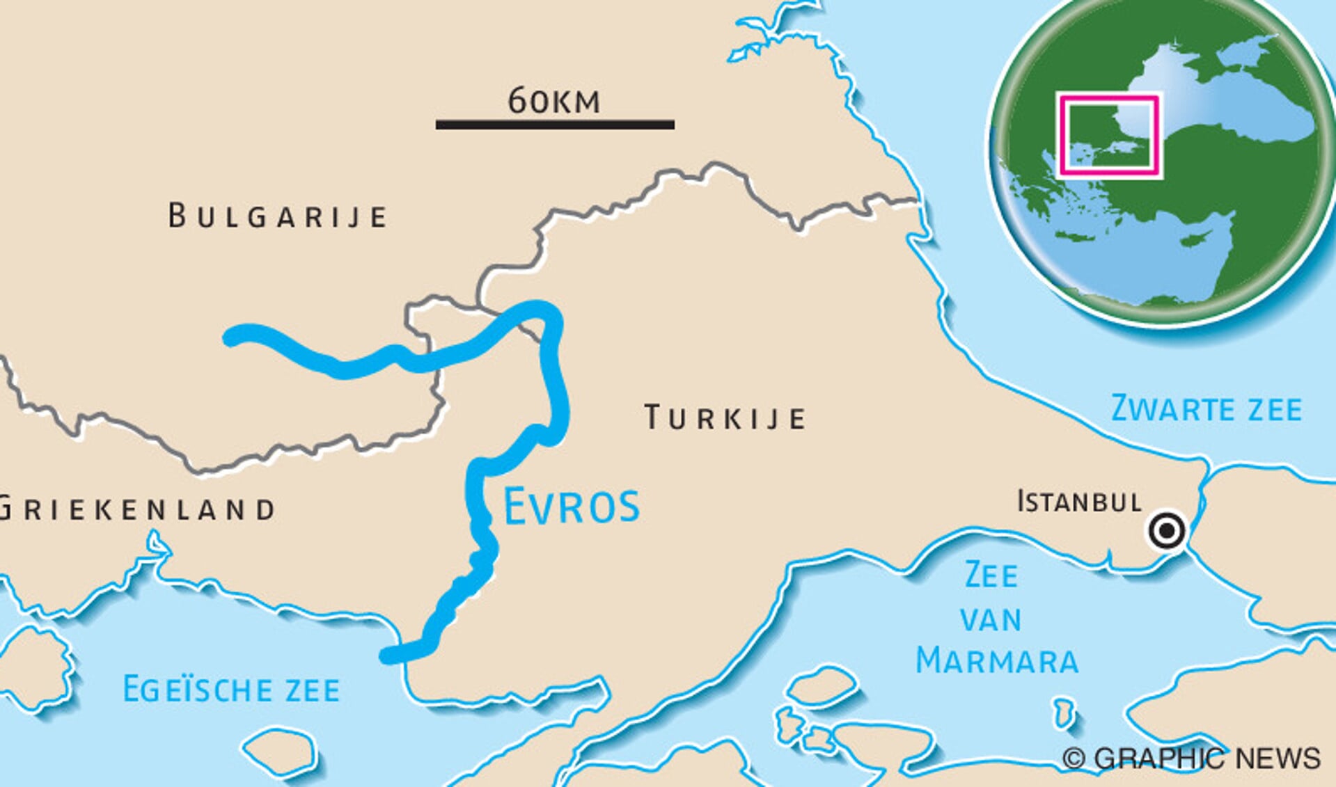 De rivier Evros vormt grotendeels de grens tussen Turkije en Griekenland.