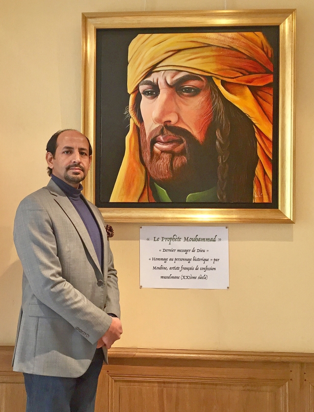 Omar Moubine bij zijn schilderij van Mohammed: ‘Ik denk dat ik mijn plicht gedaan heb.’ (nd)