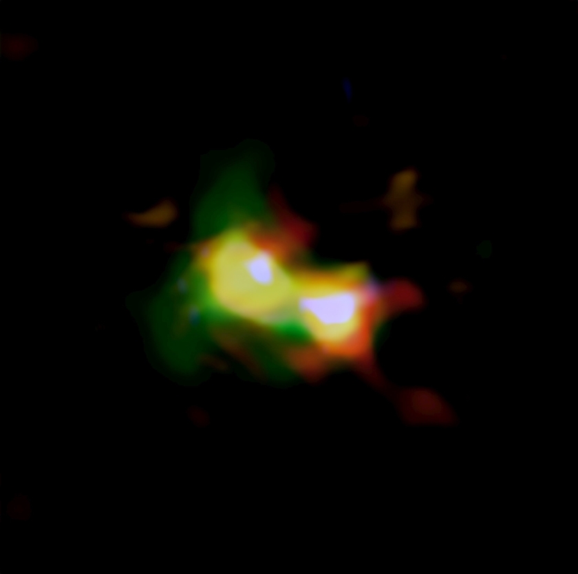 Dichter op het nieuws: antwoord (national astronomical observatory of japan, uit het Nederlands Dagblad van 22 juni, Zeven, pagina 19: Twee sterrenhopen die op 13 miljard lichtjaar van de aarde staan, lijken samen te smelten. Daarmee is het de oudste fusie van twee sterrenstelsel..)