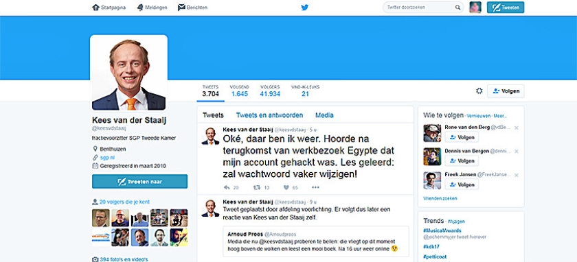 Hackers van RTL Nieuws plaatsten een bericht op het Twitter-account van Kees van der Staaij. (twitter)