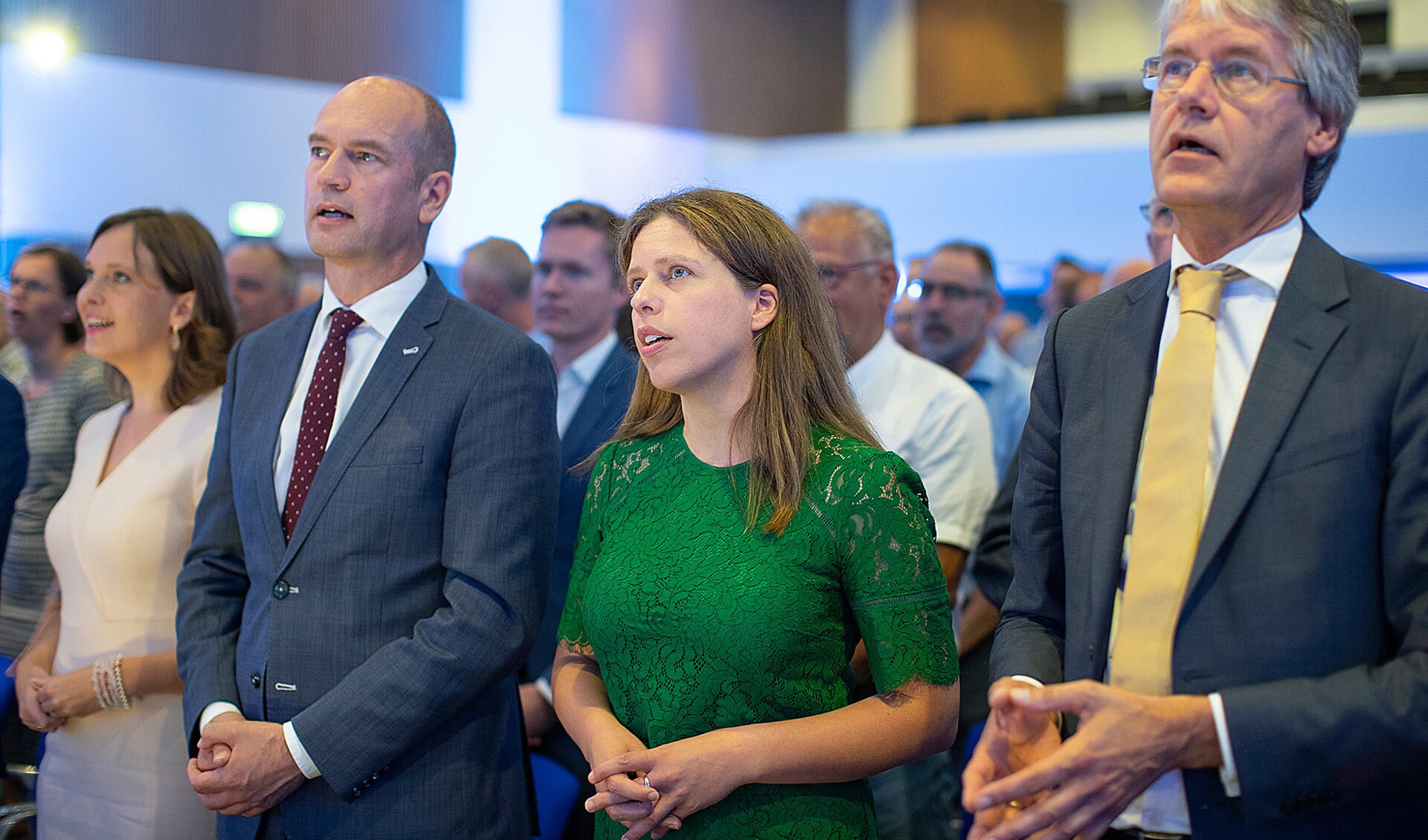 Partijleider en fractievoorzitter Gert-Jan Segers en ministers Carola Schouten en Arie Slob tijdens het partijcongres van de ChristenUnie in Lunteren.