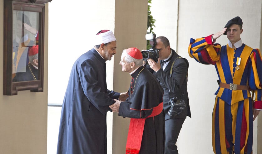 Kardinaal Jean-Louis Tauran begroet imam Ahmed al Tayyeb, voorafgaand aan diens audiëntie bij paus Franciscus in het Vaticaan, in mei 2016. (ap / Maurizio Brambatti)