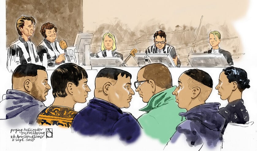 Rechtbanktekening van verdachten Abdelghafour L., Saifeddine M., Rachid el M., Garavito B., Sofyan el H. en Abdellatif N. in de rechtbank van Amsterdam. (anp / Aloys Oosterwijk)